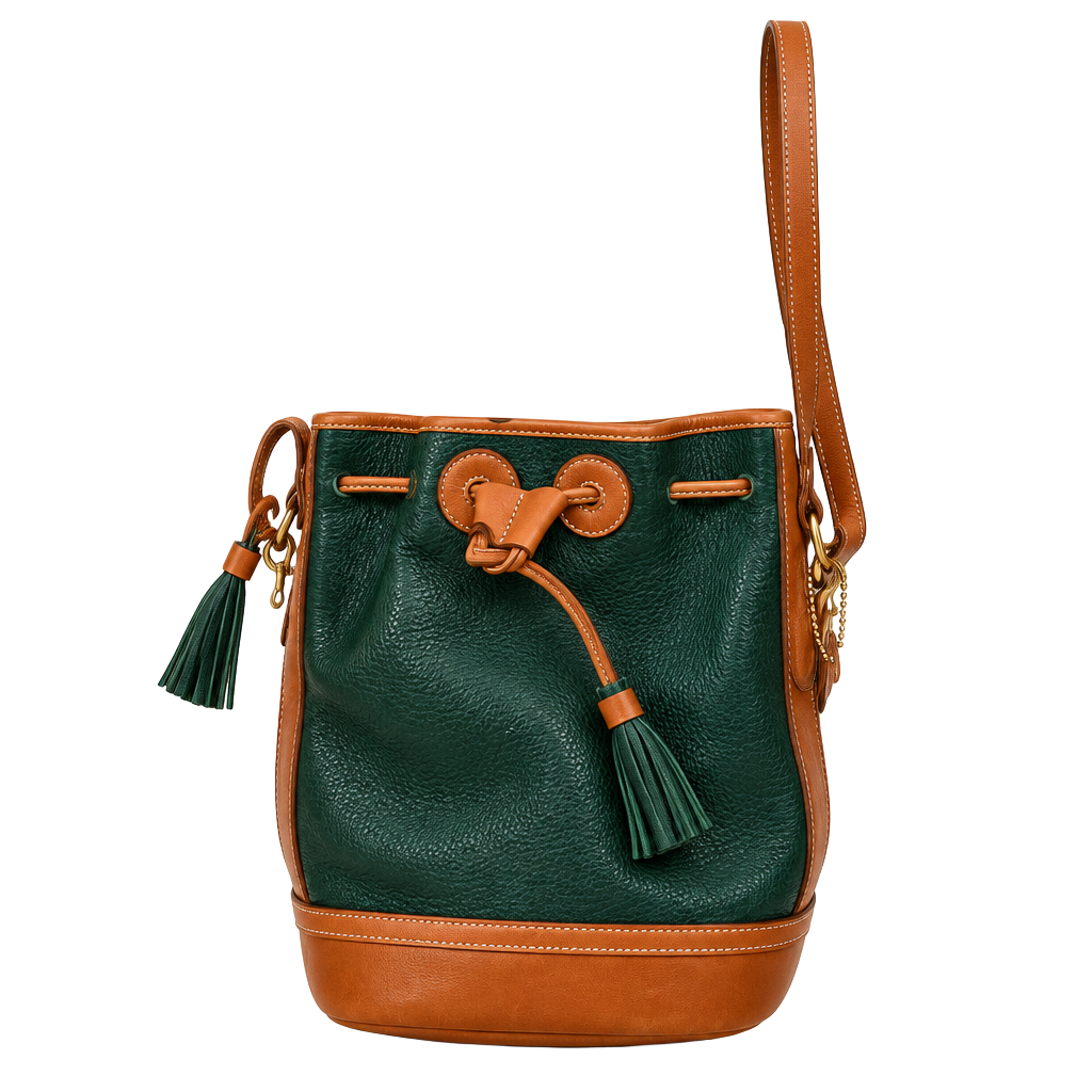 Vintage Coach Dinky Bag 501-25 Green Tan Leather Bucket Bag Crossbody 1