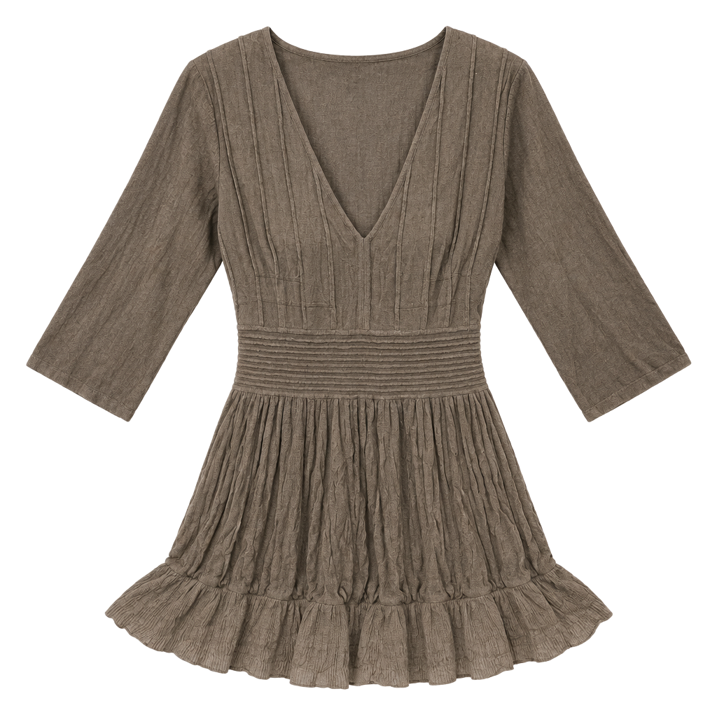Studio M Sweater Dress Size XL Brown V-Neck Pleated Knit Tunic Mini Dress 1