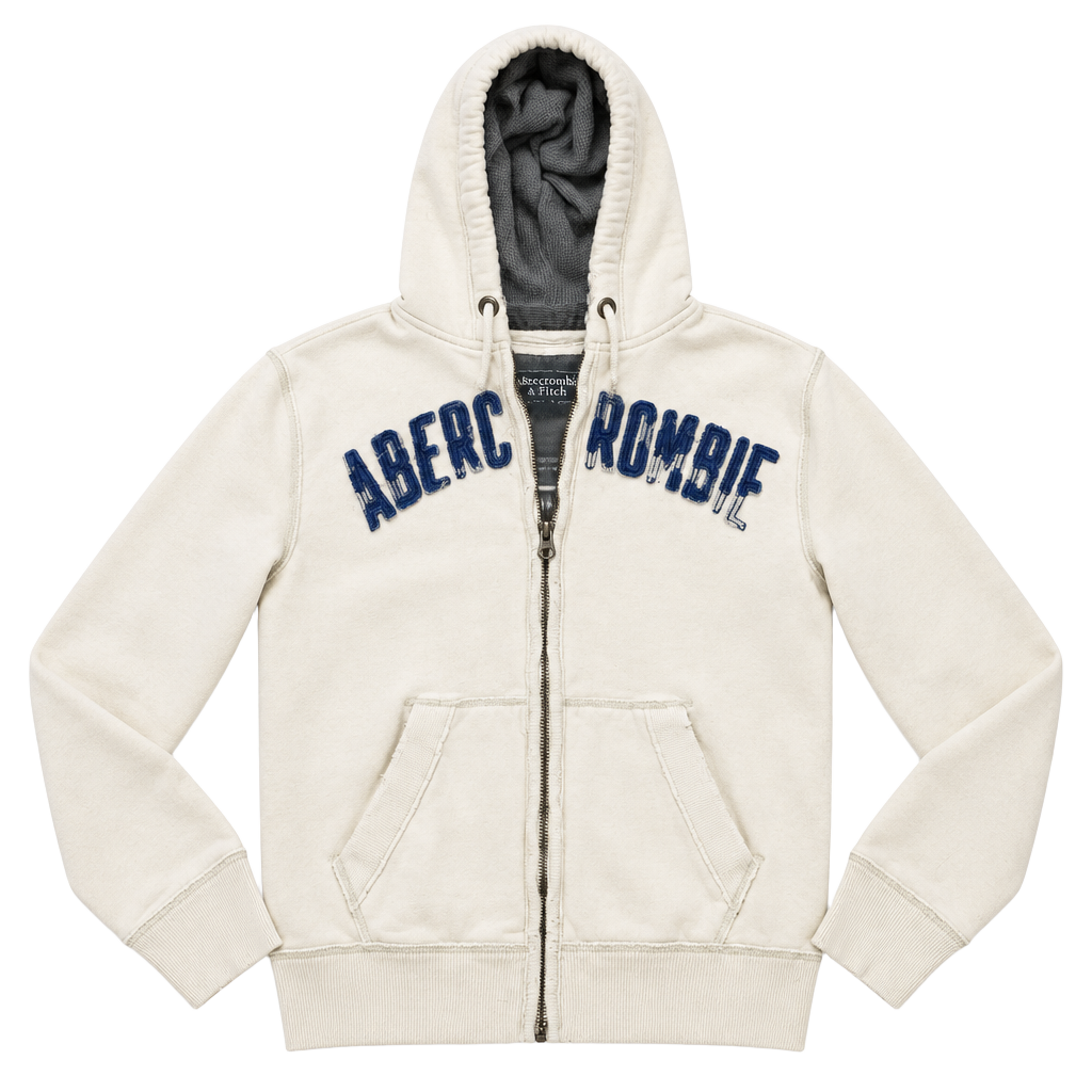 Abercrombie & Fitch Zip Up Hoodie Size Medium White Blue Applique 1