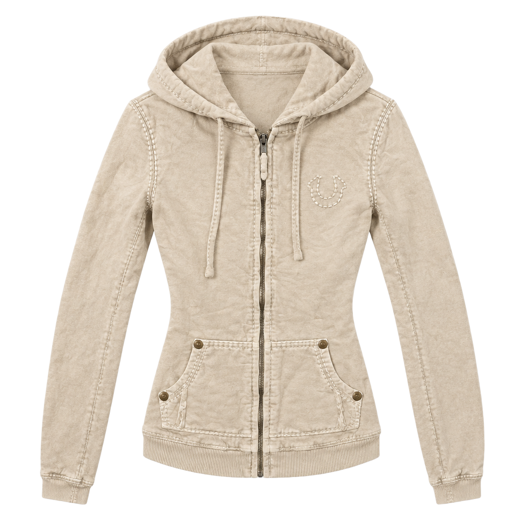 Y2k True Religion Zip Up Hoodie Cream Beige Heavy Stitch 1