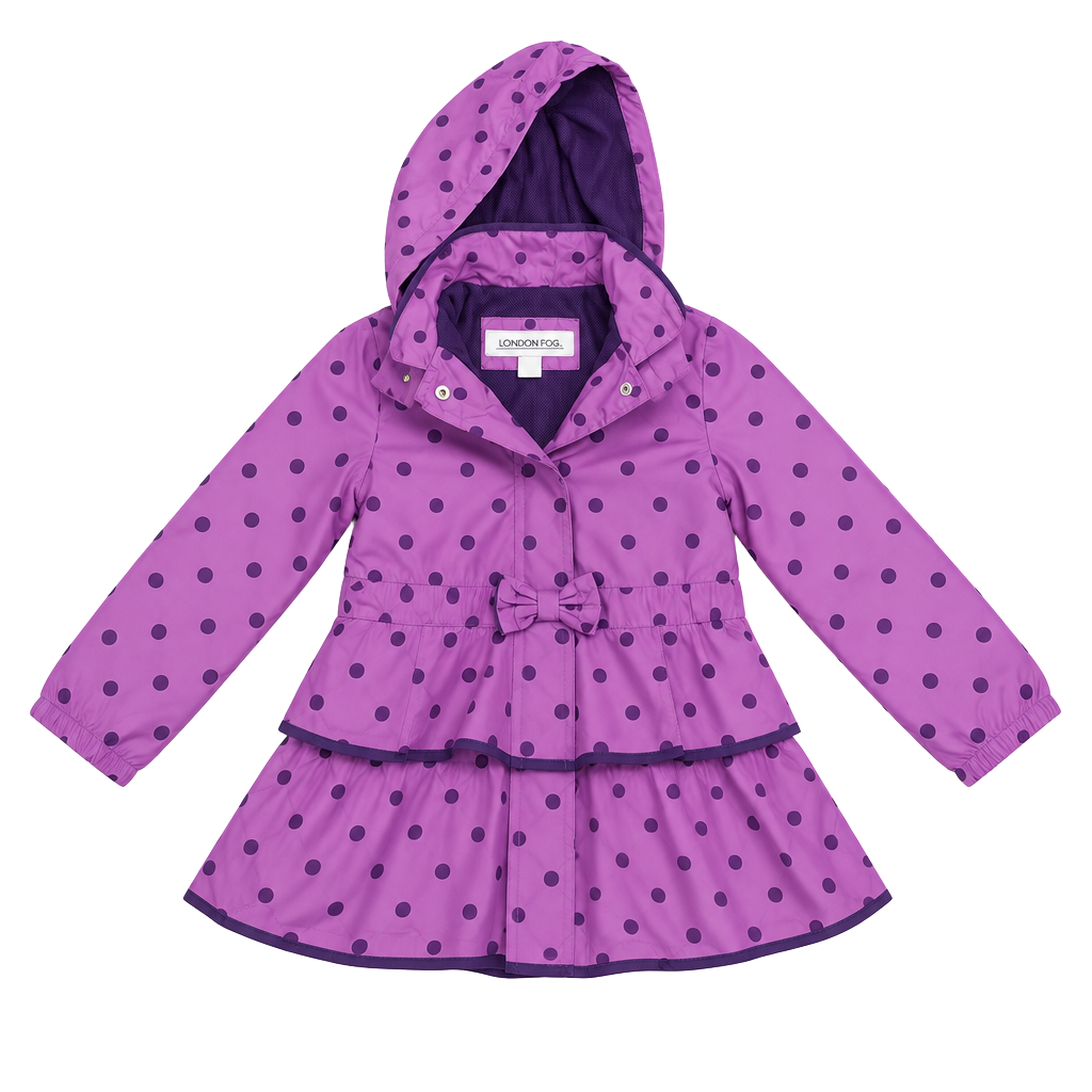 London Fog Raincoat Jacket Size 6 Purple Polka Dot Hooded Fleece Lined 1