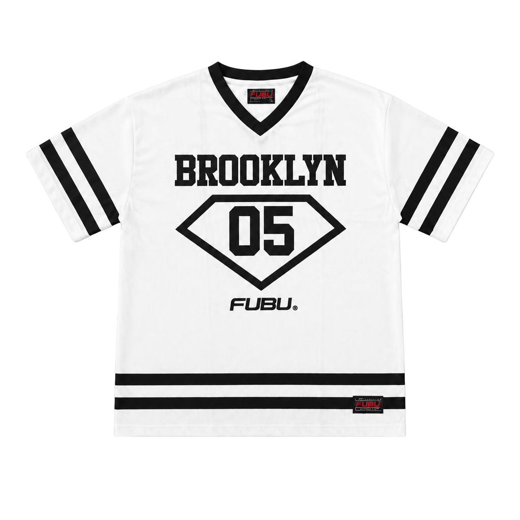 FUBU Brooklyn 05 Jersey Size L White Black Mesh V-Neck T-Shirt 1
