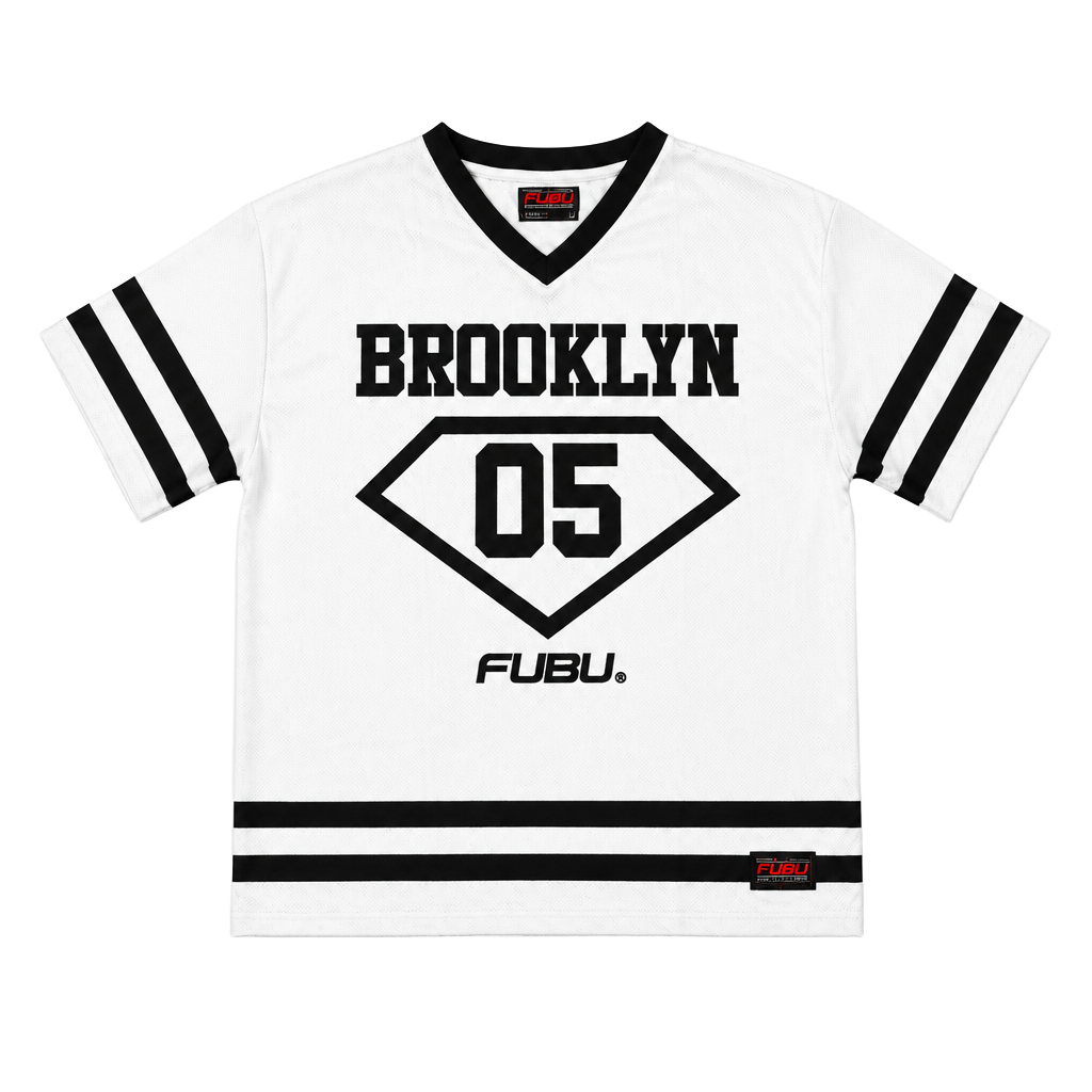 FUBU Brooklyn 05 Jersey Size L White Black Mesh V-Neck 1