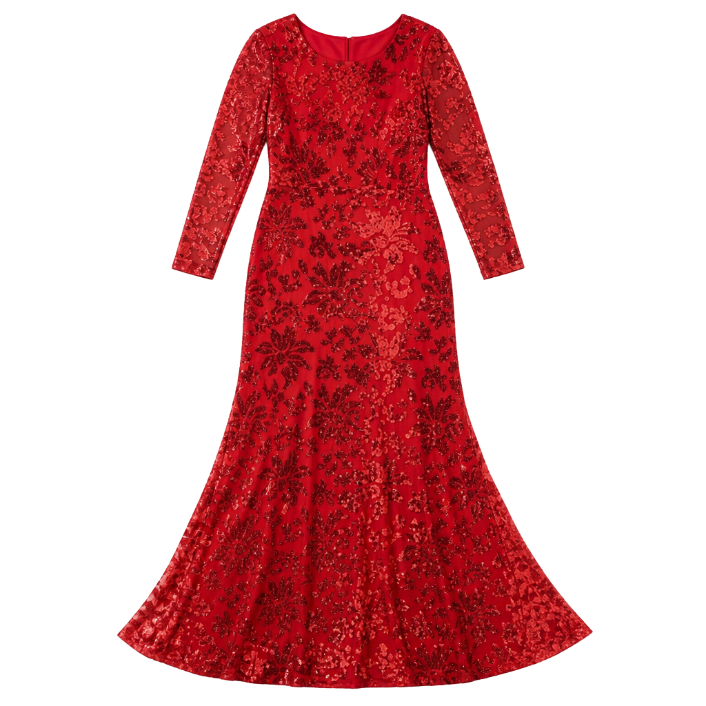 Red Long Sleeve Sequin Floral Mermaid Evening Gown 1
