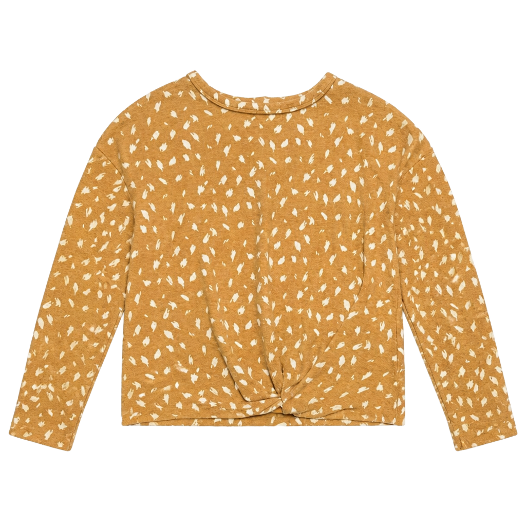 Daytrip Mustard Yellow Deer Spotted Twist Front Long Sleeve Top 1