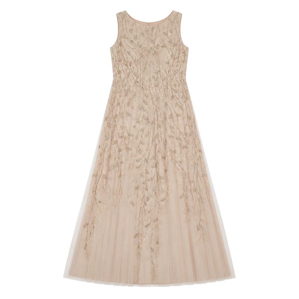Boatneck Sleeveless Leaf Motif Sequin Beaded Mesh Gown 1