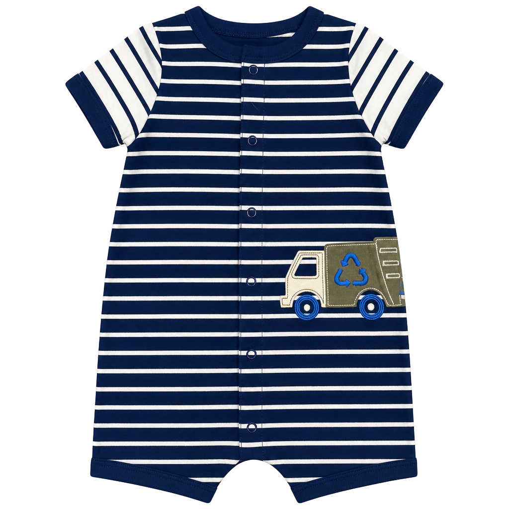 Carter's Baby Boy Blue Striped Recycle Truck Snap-Up Romper 1