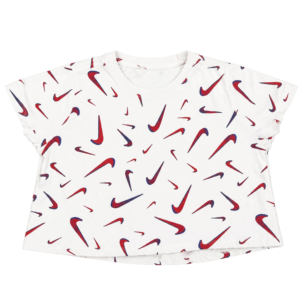 Nike Girls Allover Print Red and Blue Swoosh Cropped T-Shirt 1