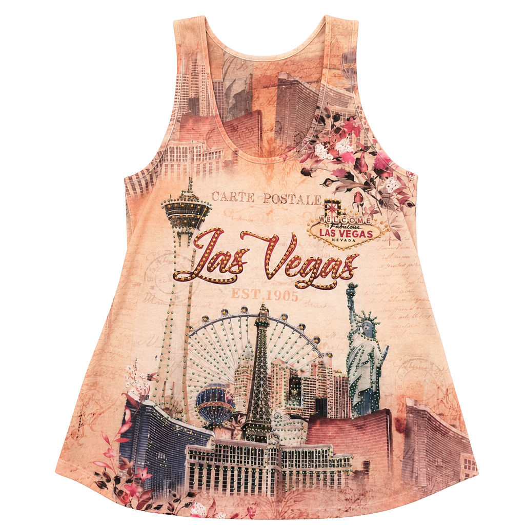 Y2k bedazzled Banana Expression Las Vegas Skyline Rhinestone Graphic Tank Top 1