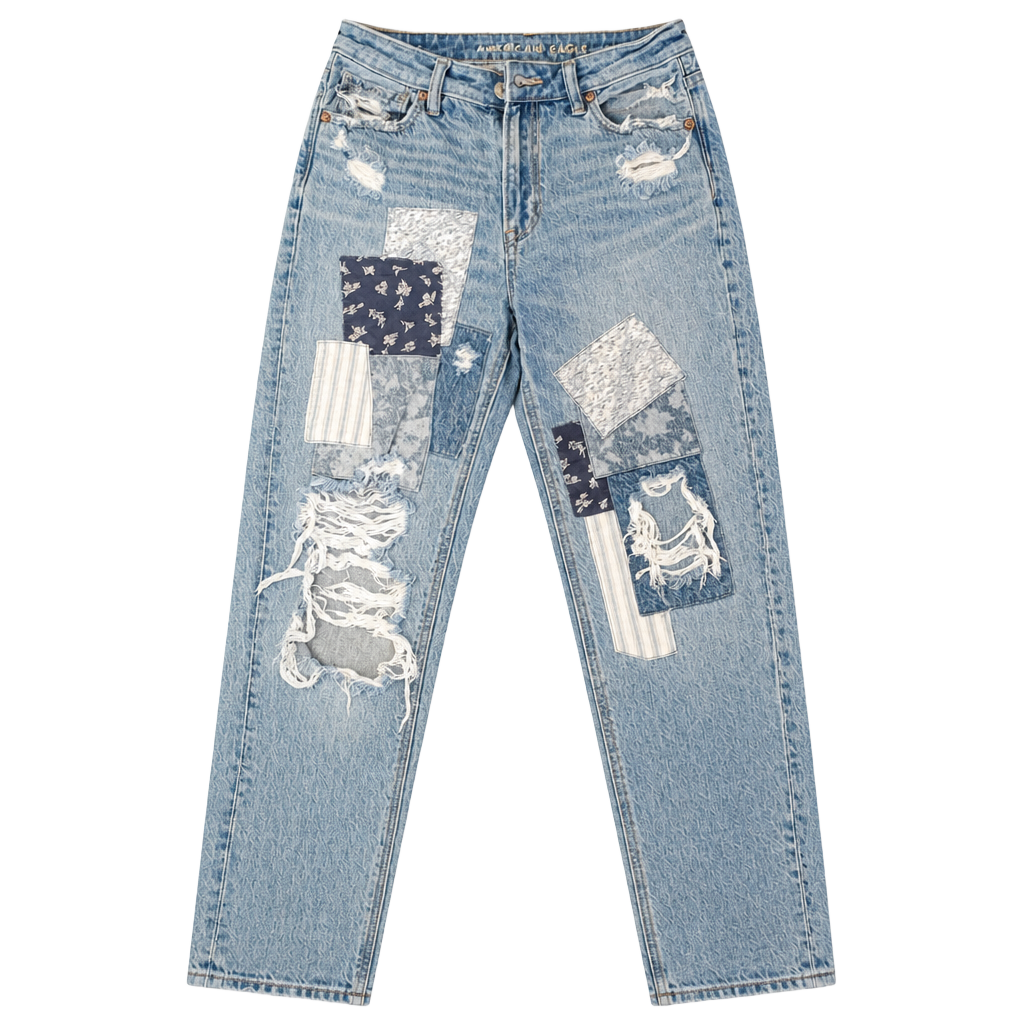 American Eagle Upcycled Patchwork Distressed Mom Jeans 1