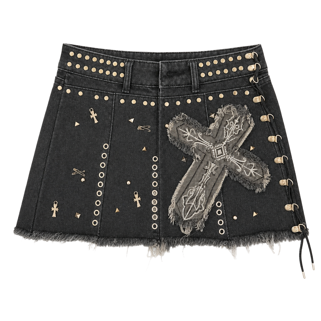 Y2K punk rock Black Denim Studded Cross Mini Skirt 1