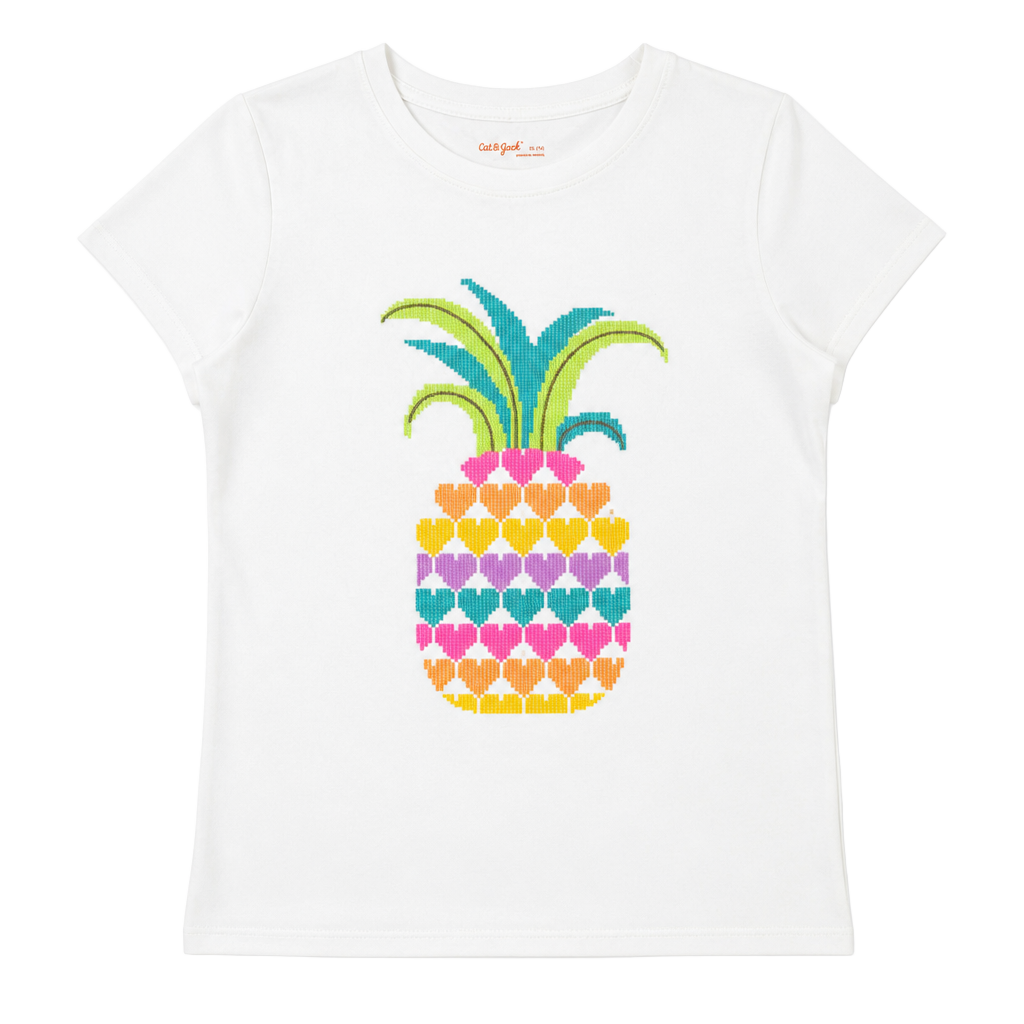 Cat & Jack Girls White Graphic T-Shirt with Multi-Color Heart Pineapple Design 1