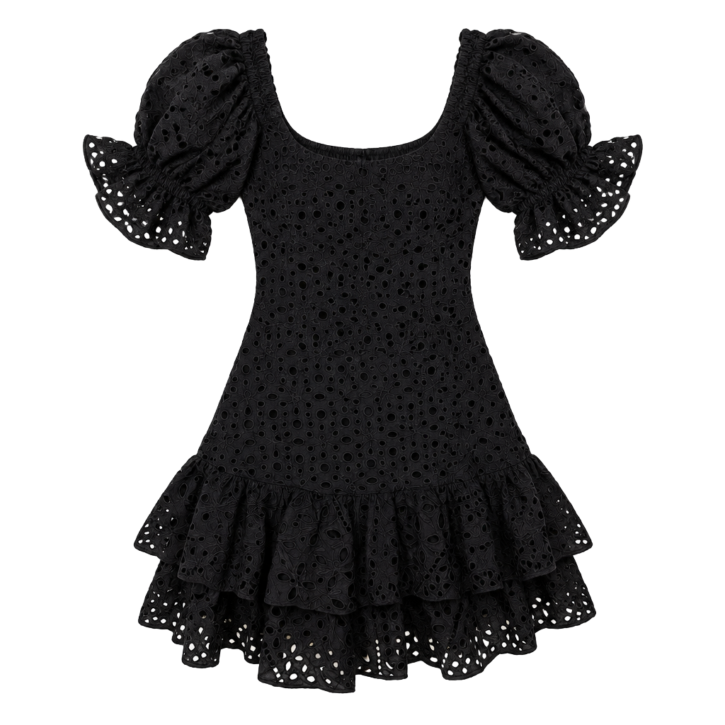 Charo Ruiz Jean Mini Dress Size S Black Eyelet Ruffle 1