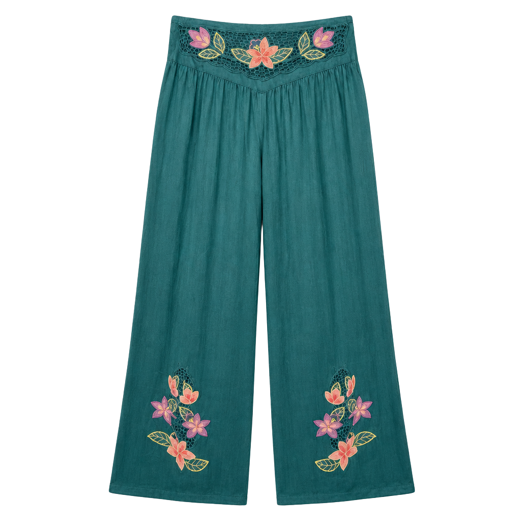 70’s Vintage Boho Embroidered Floral Teal Wide Leg Pants 1