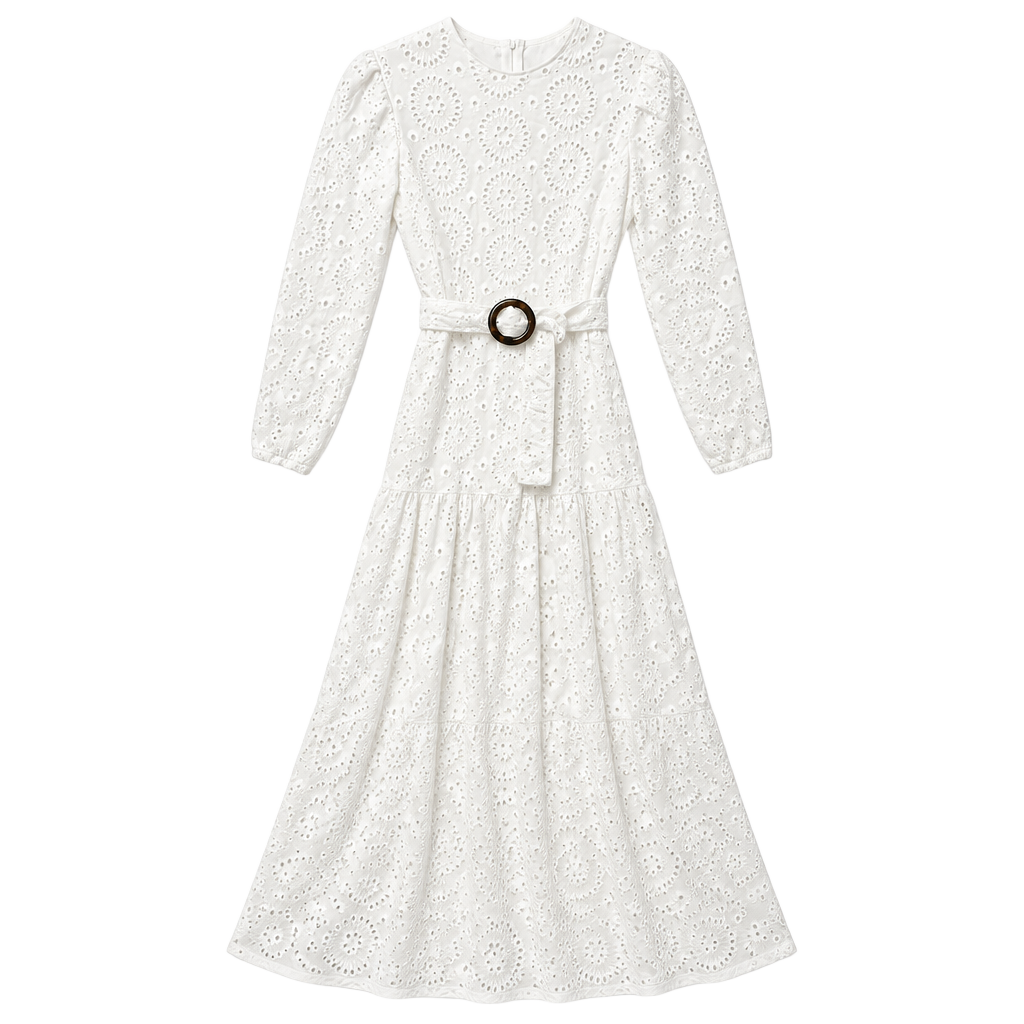 Blanc et Noir Eyelet Maxi Dress Size XS White Long Sleeve Belted 1