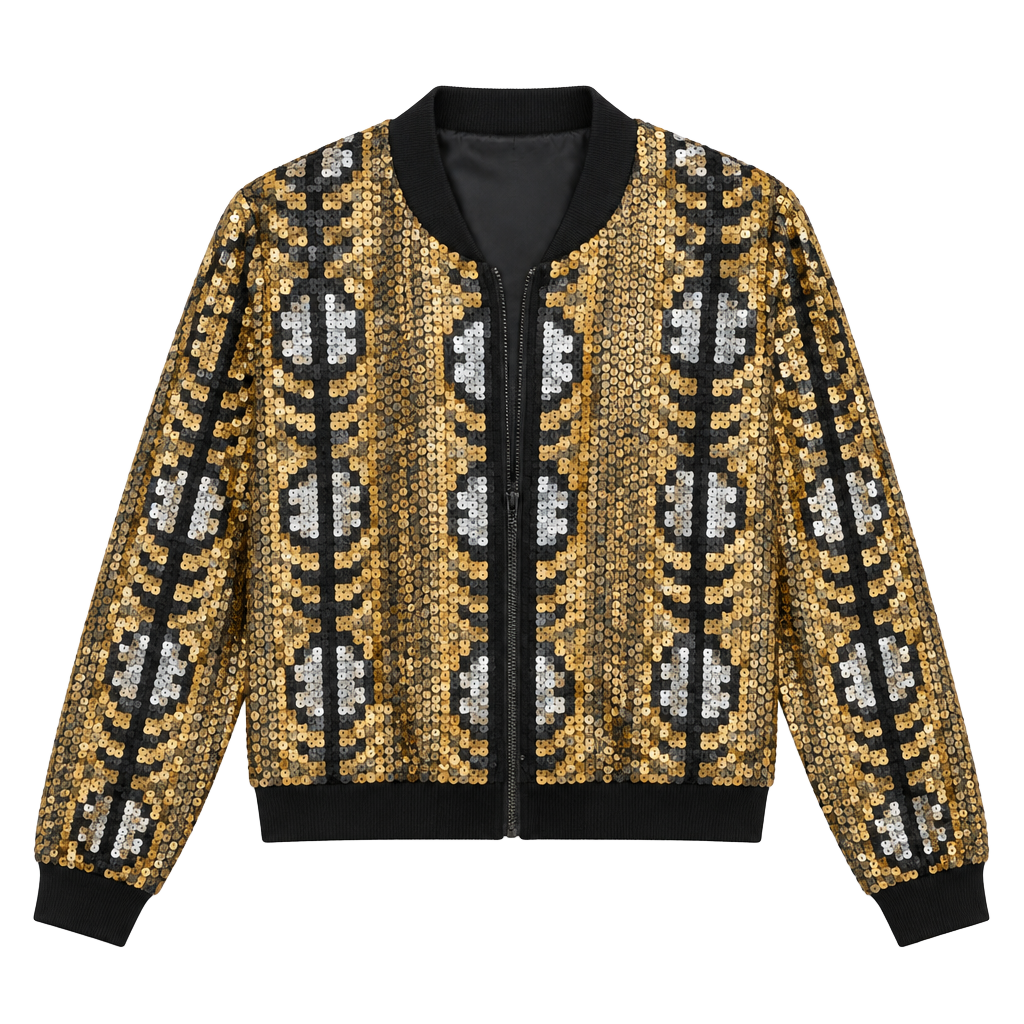 Jewel Queen Sequin Bomber Jacket Size M Gold Silver Silk 1