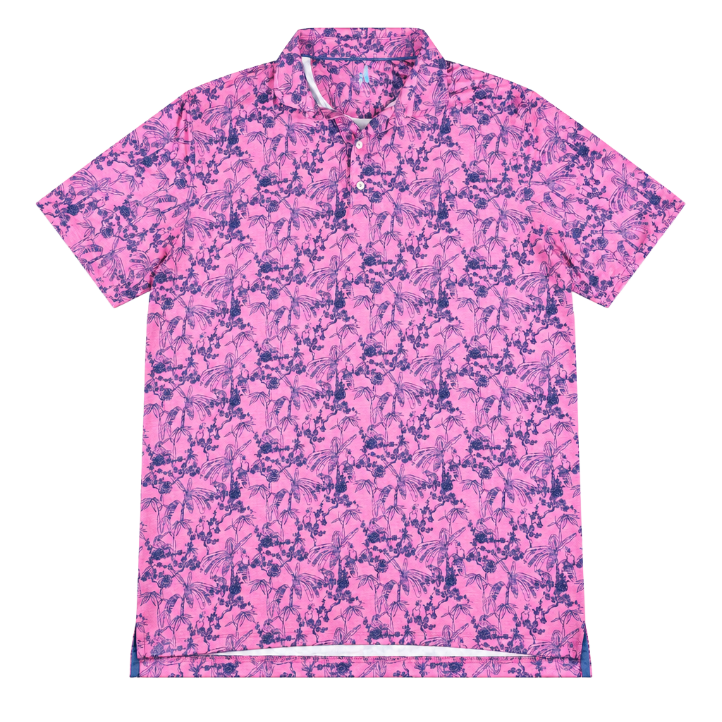 Johnnie-O Polo Featherweight Breezer Pink Tropical Print Golf Performance Polo 1