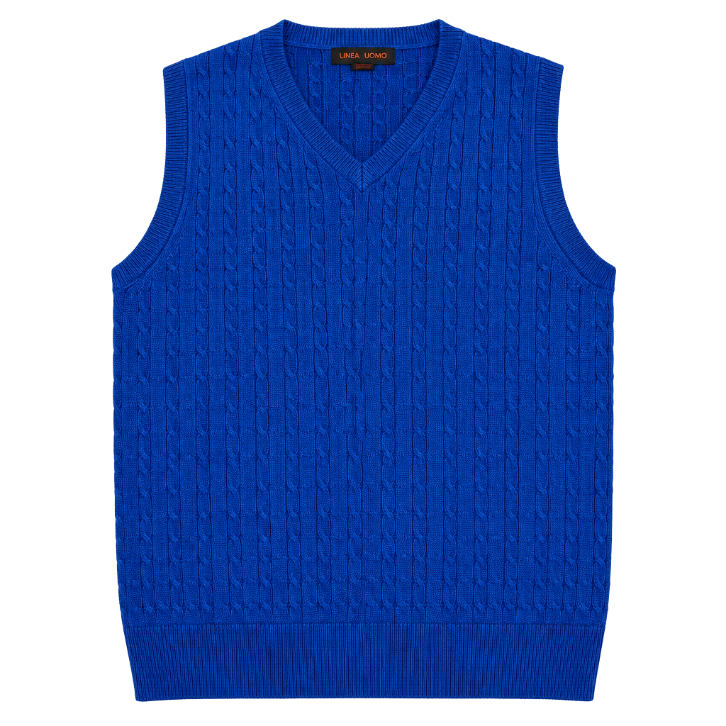 Linea Uomo V-Neck Cable Knit Sweater Vest Blue 1