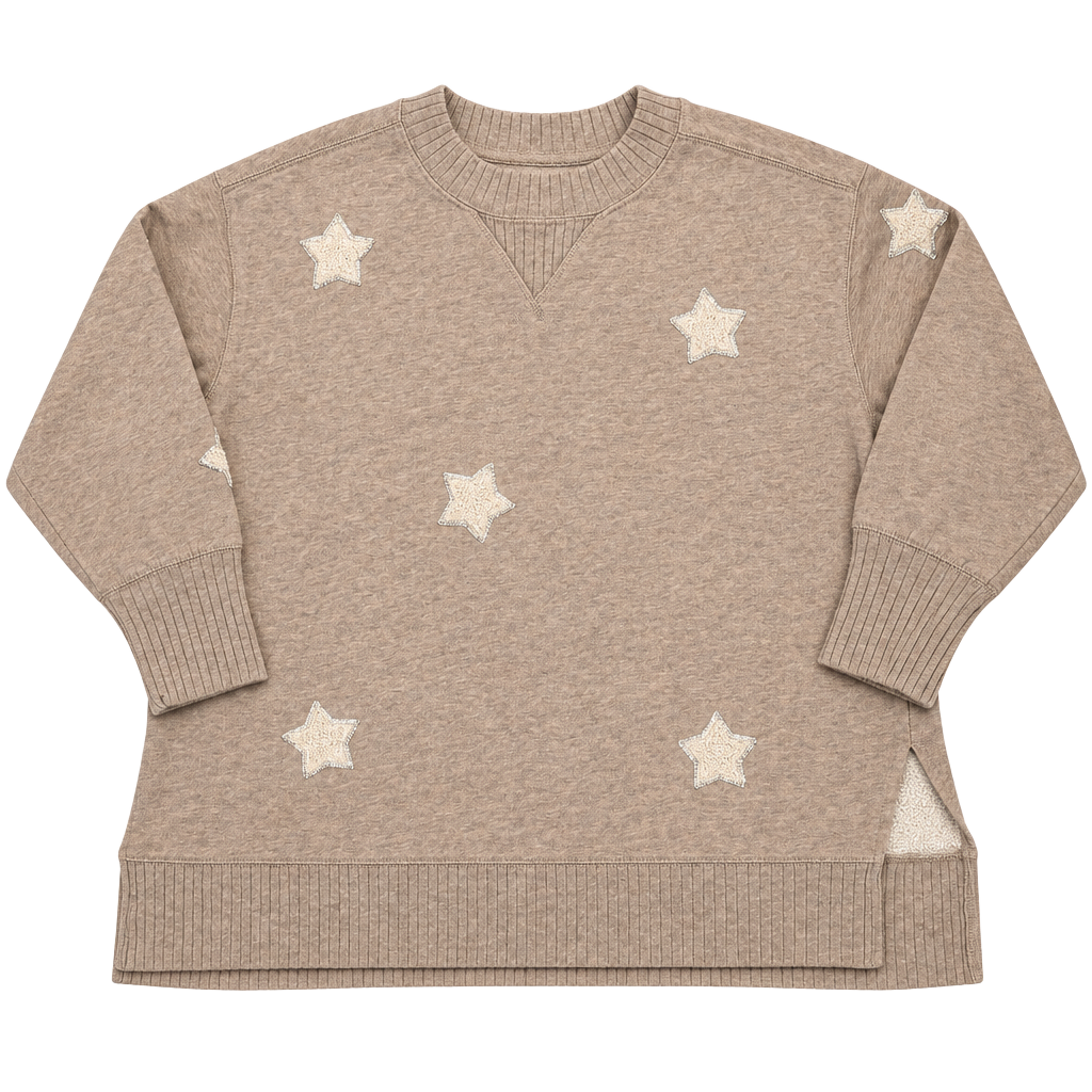 Maurices Star Sweatshirt Size 1X Brown Sequin Sherpa Patches Pullover 1