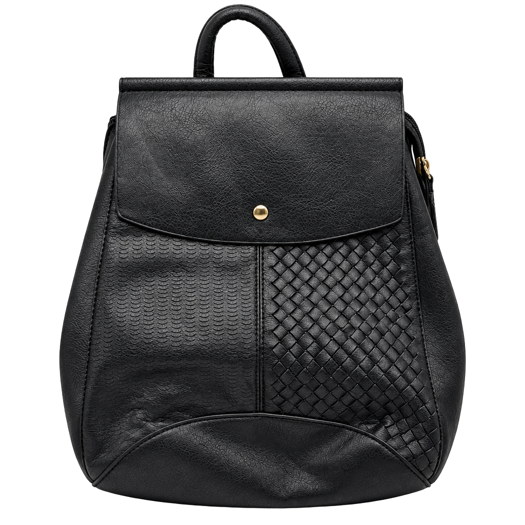 Purse Lux Black Faux Leather Woven Detail Backpack Purse 1