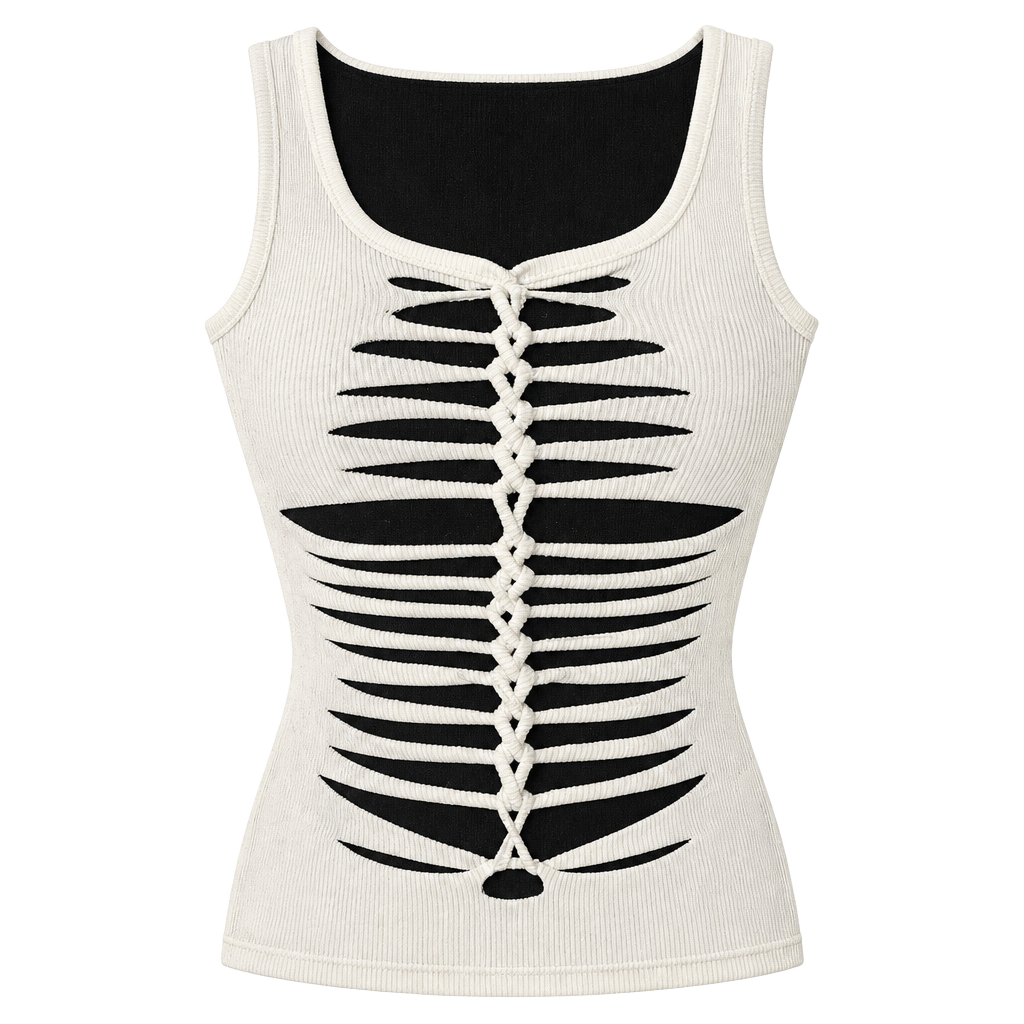 Hand cut Slit Weave Tank Top White Shredded Cut Out 1