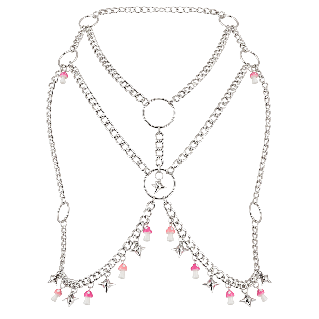 Stainless Steel Harness Body Chain with Star Spikes and Pink Mushroom Charms 1