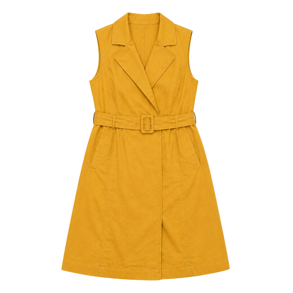 Mediterranean style Mustard Yellow Belted Sleeveless Trench Dress 2X 1