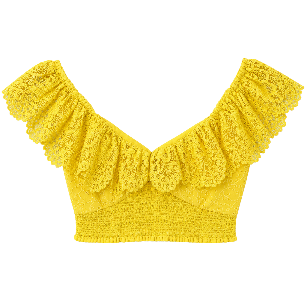 Alice + Olivia Bleeker Ruffled Eyelet Lace Crop Top Sunbeam Yellow Smocked Size S 1