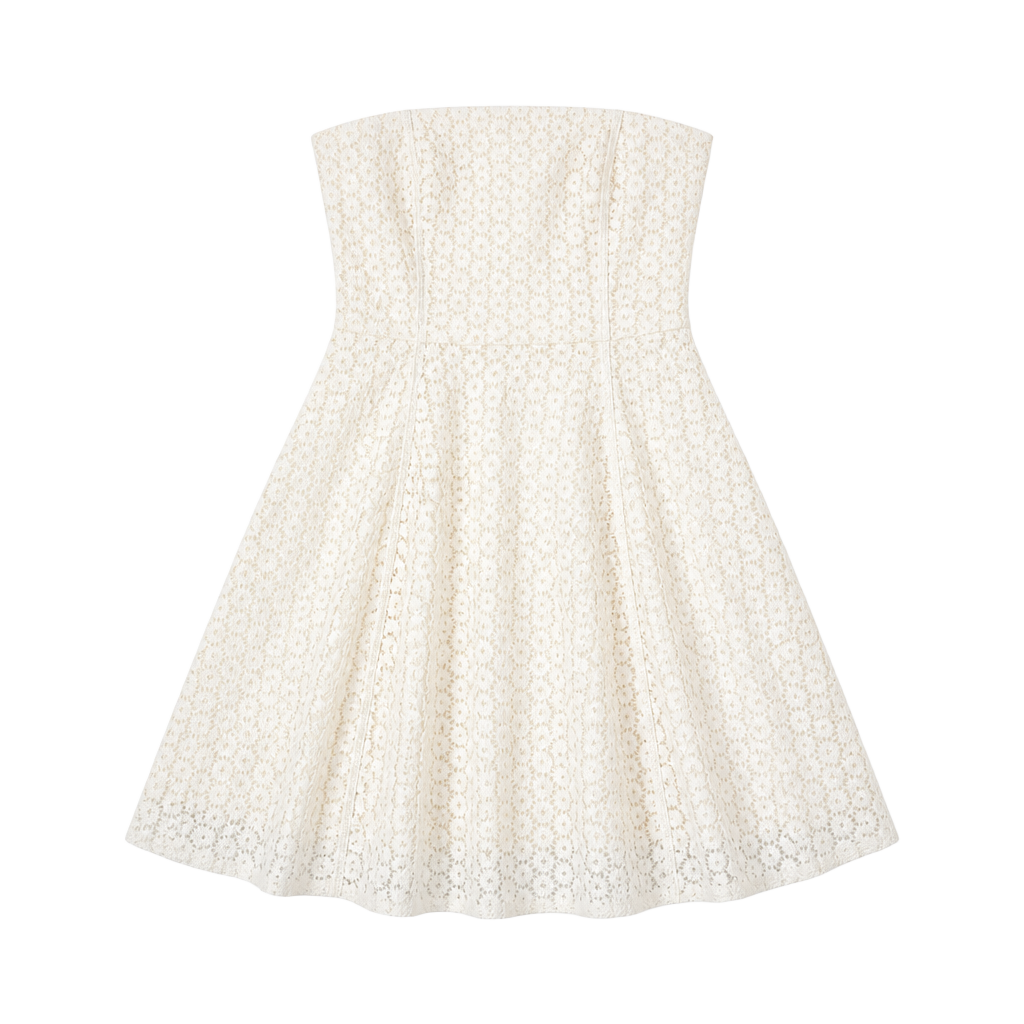 Betsey Johnson Strapless White Eyelet Lace Mini Dress with Yellow Lining Size 12 1