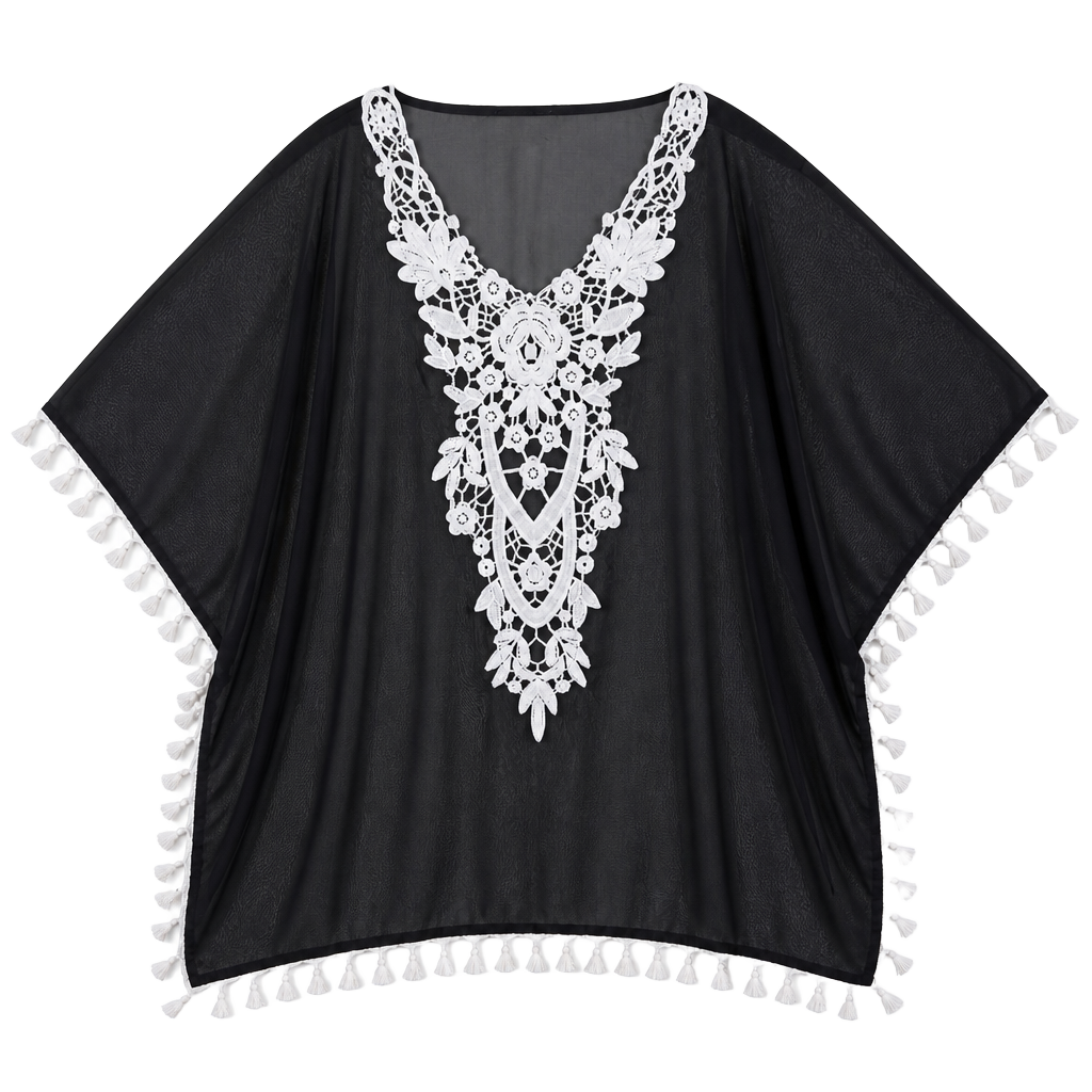 Black Sheer Chiffon Swimsuit Beach Cover Up with White Floral Lace and Tassel Fringe 1