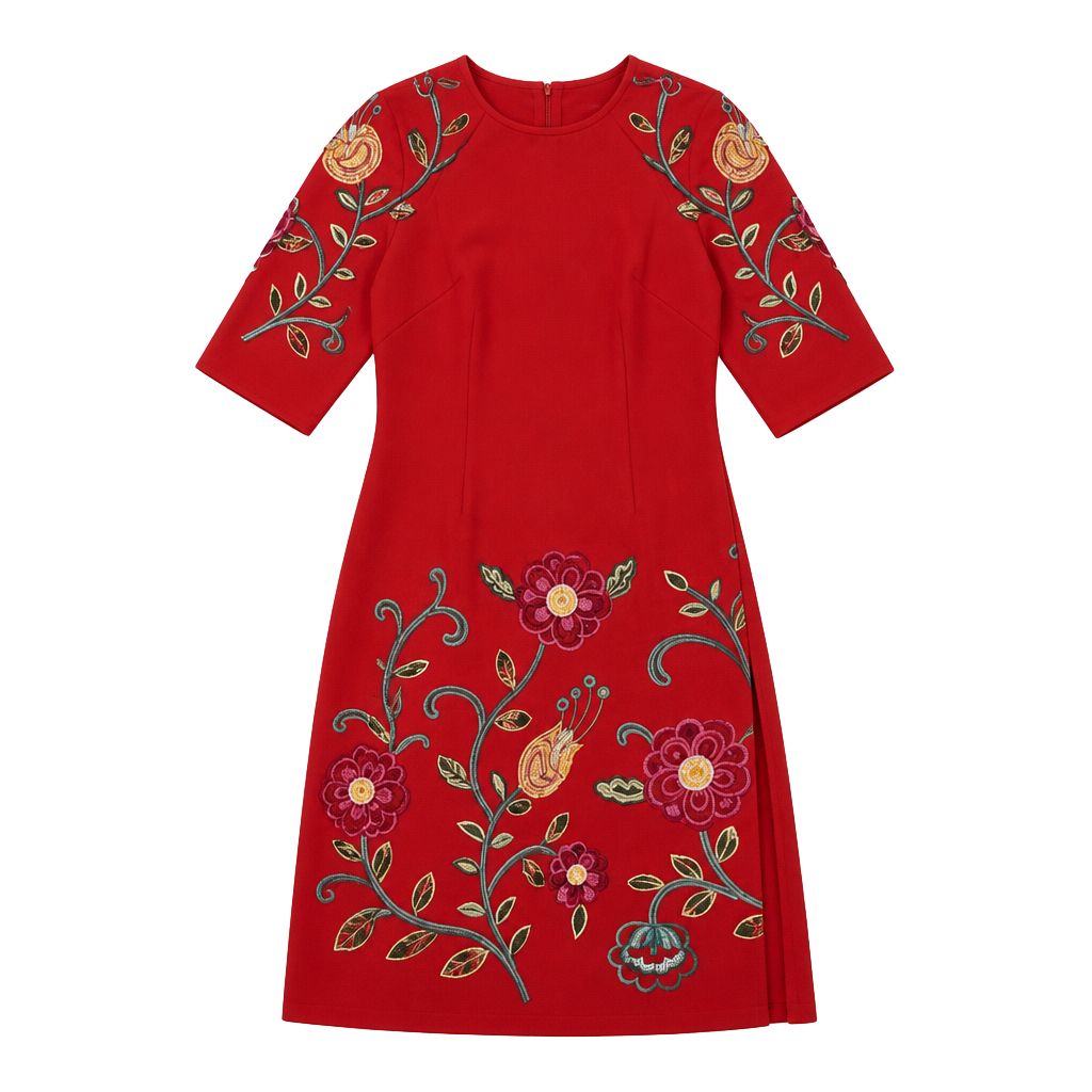Kim Lai 100% Silk Red Floral Embroidered Cheongsam Dress Size S 1