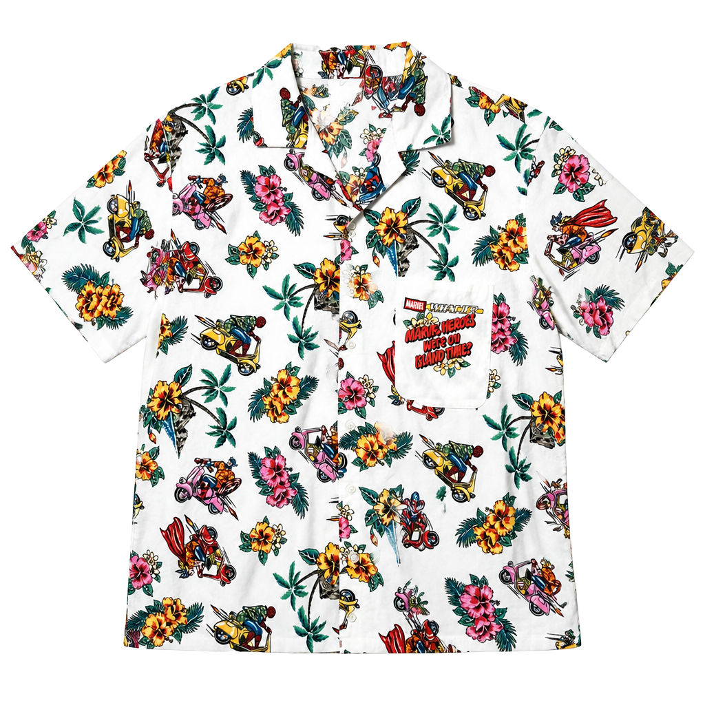 Marvel "What If?" Heroes On Island Time Tropical Hawaiian Button-Down Shirt 1