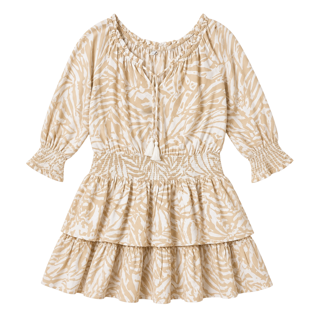Patrons of Peace Tiered Mini Dress Size L Beige Tropical Print 1