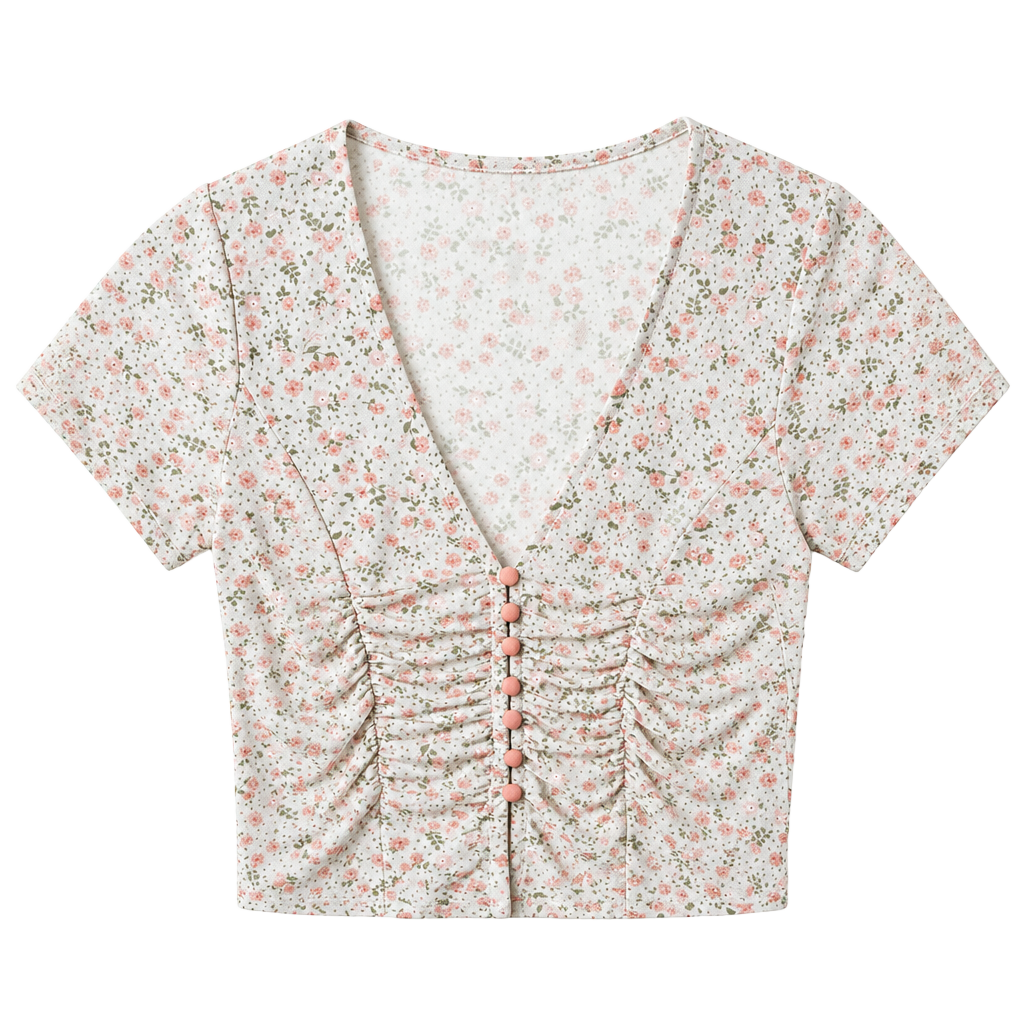 Y2K Coquette Floral Mesh Ruched Button-Front Crop Top Size S 1