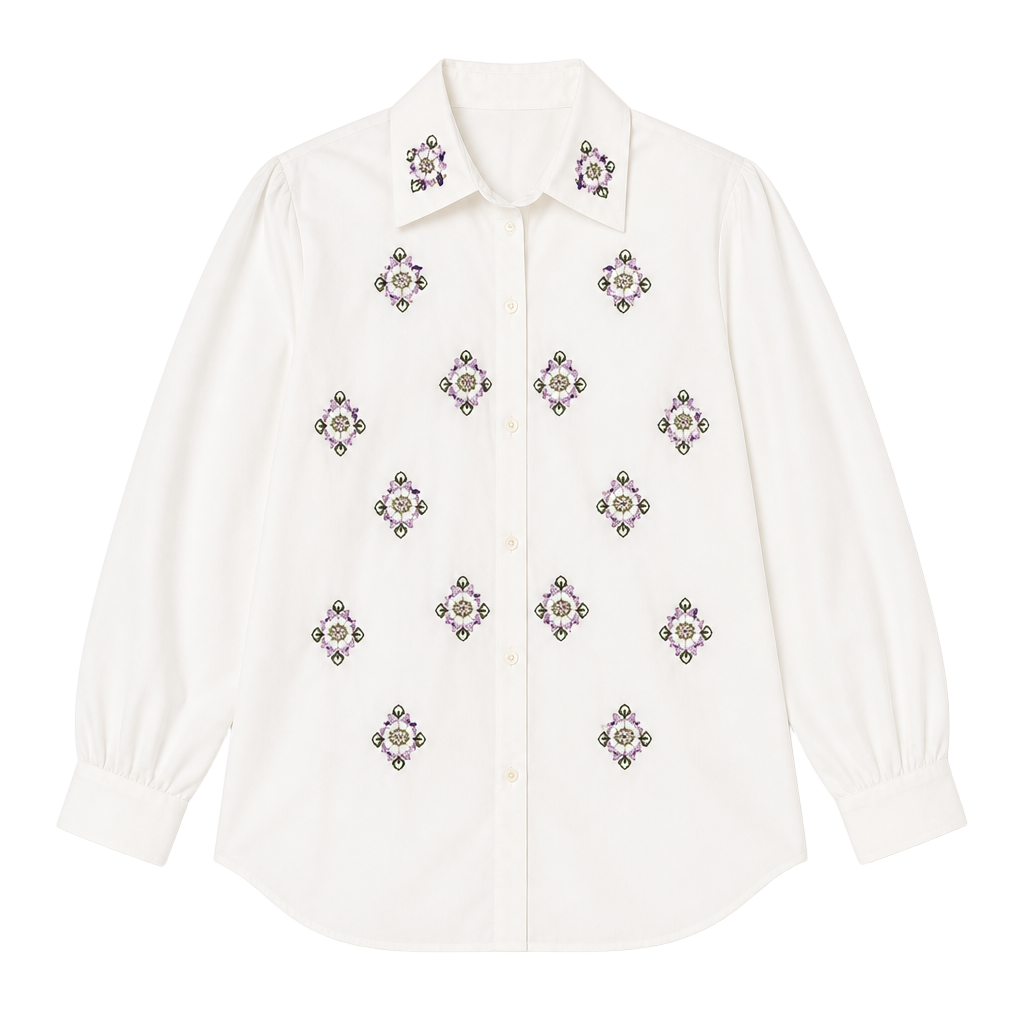 Vintage Grandmacore White Long Sleeve Button-Down Shirt with Floral Embroidery 1