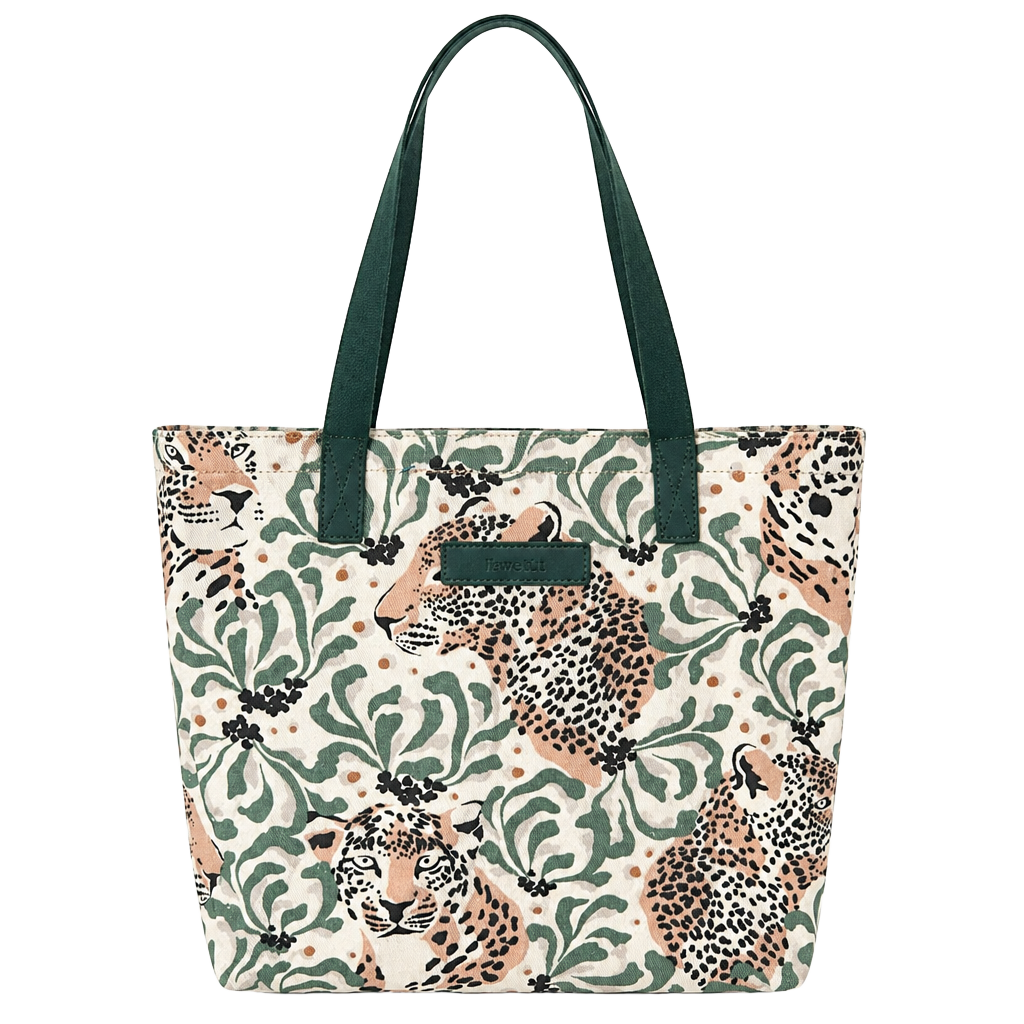 Ikwetta Leopard Print Canvas Tote Bag with Green Handles 1
