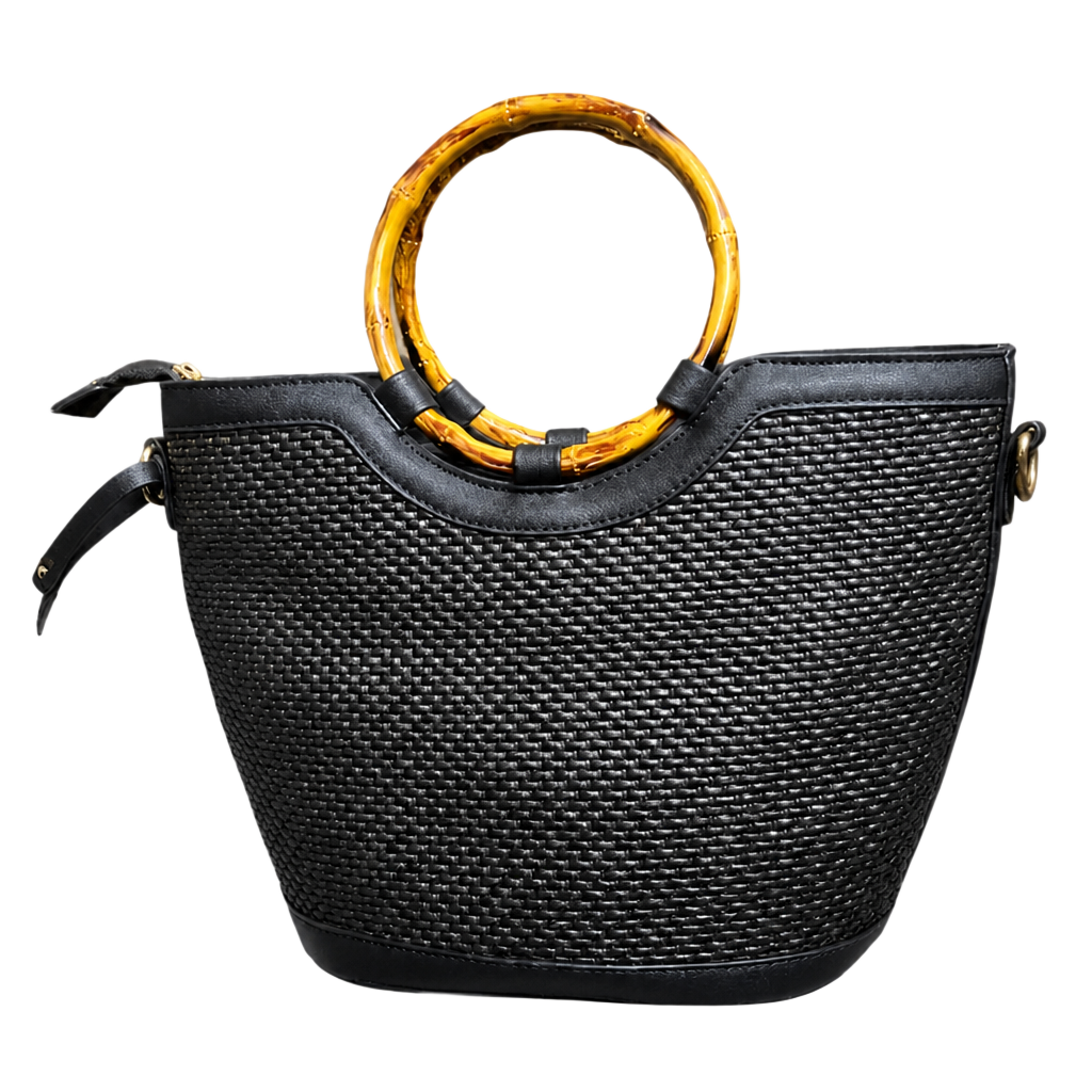 π Black Woven Bag with Bamboo Inspired Handles 1
