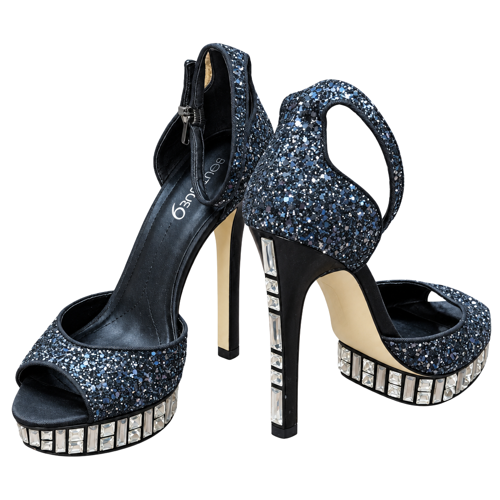 Boutique 9 Black Glitter Platform Stilettos Size 8.5 Rhinestone Heels 1