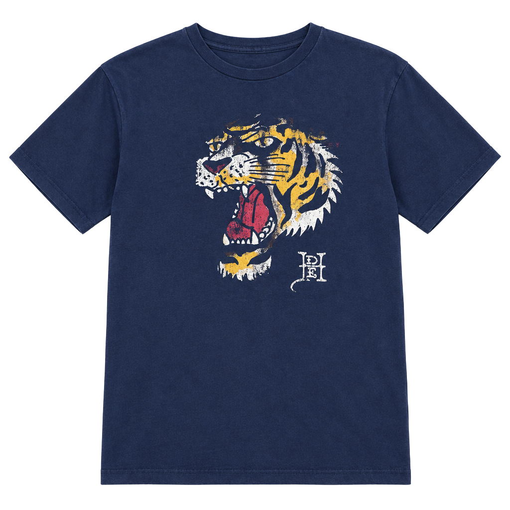 Ed Hardy Men's Tiger Head Graphic T-Shirt Navy Blue Distressed Y2K Retro Tee Size S 1