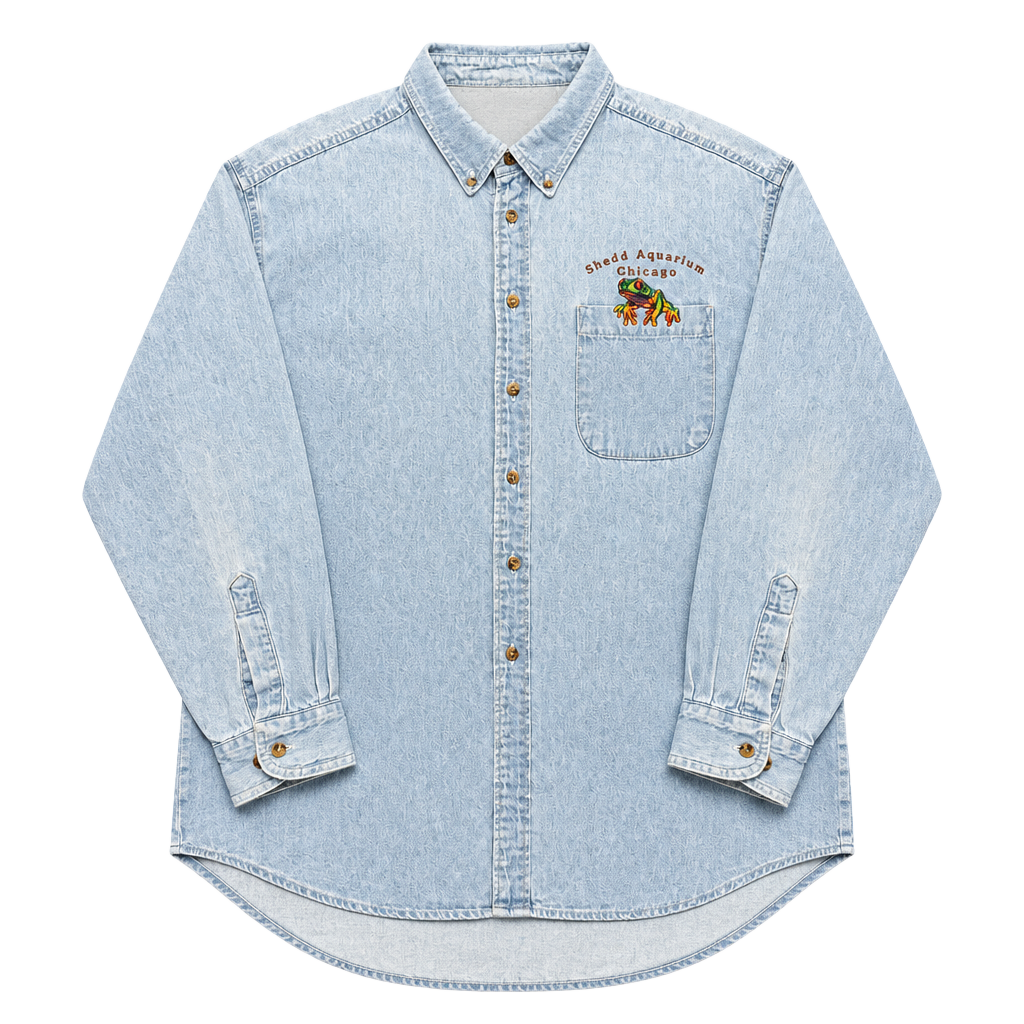 Vintage 90s Shedd Aquarium Chicago Frog Embroidered Denim Shirt Habitat Large 1
