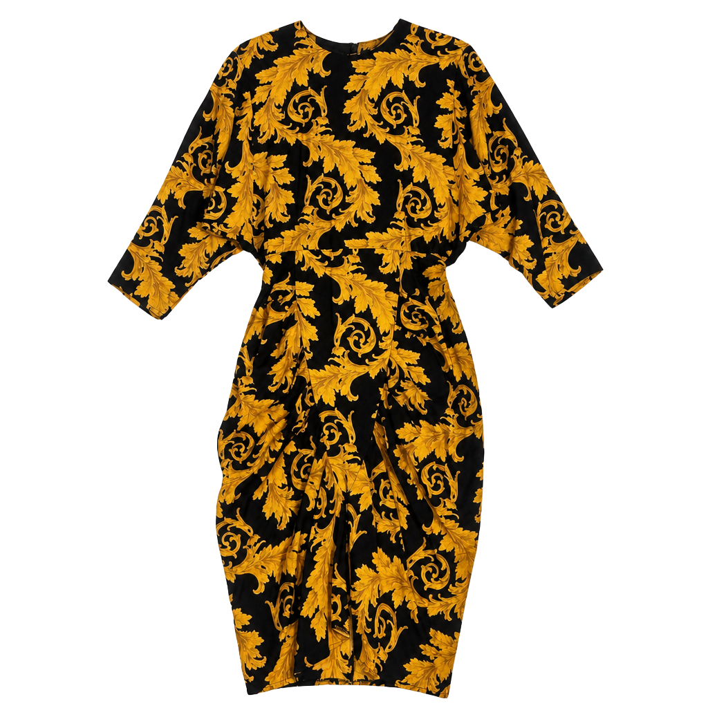All That Jazz Black and Gold Scroll Print Midi Dress 1