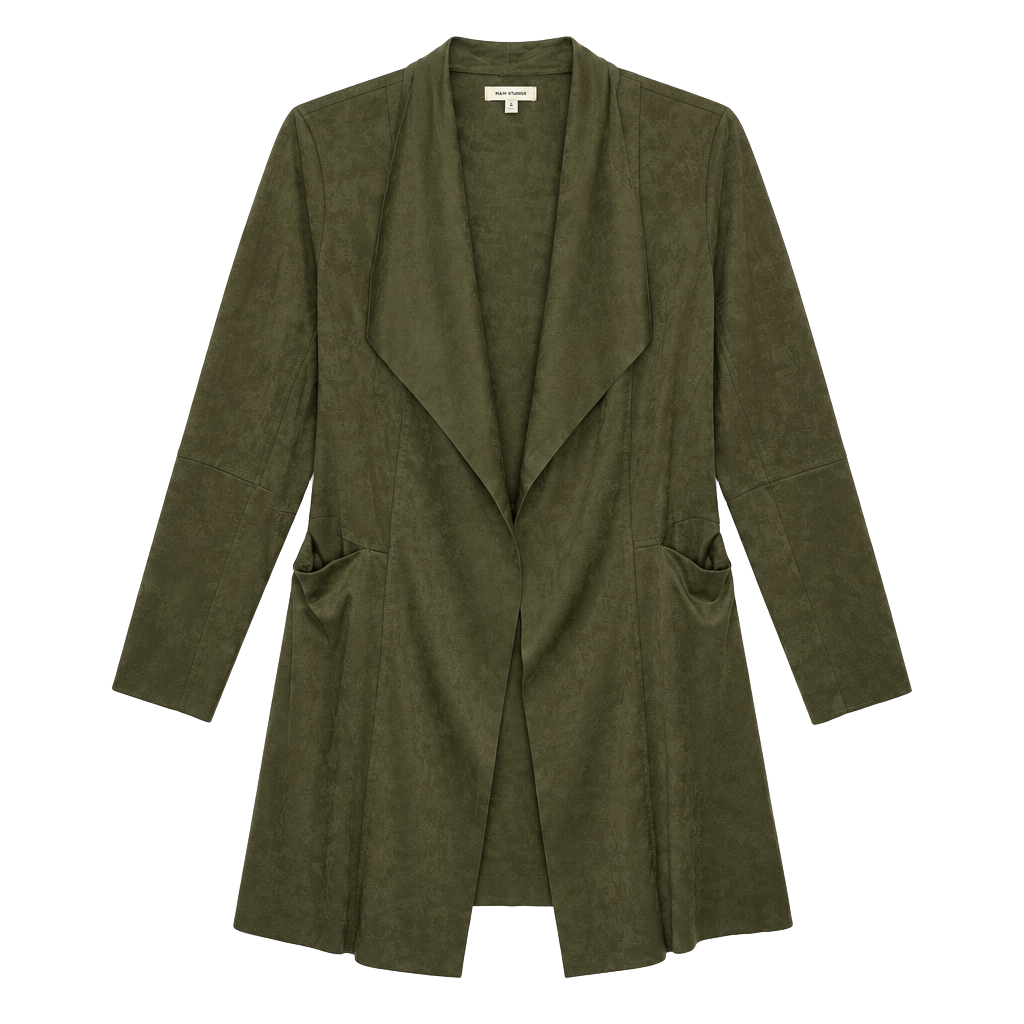 Max Studio Open Front Jacket Size S Olive Green Faux Suede Draped Topper 1