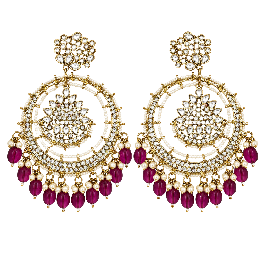 Gold-Tone Kundan and Purple Bead Chandbali Earrings 1