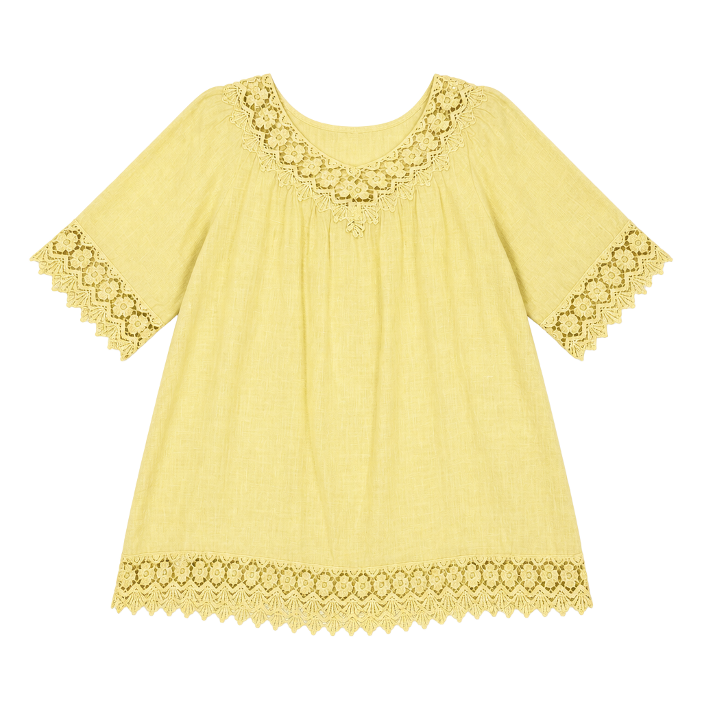 Piazza Roma Made in Italy Yellow Linen Crochet Lace Trim Peasant Top Blouse XS 1
