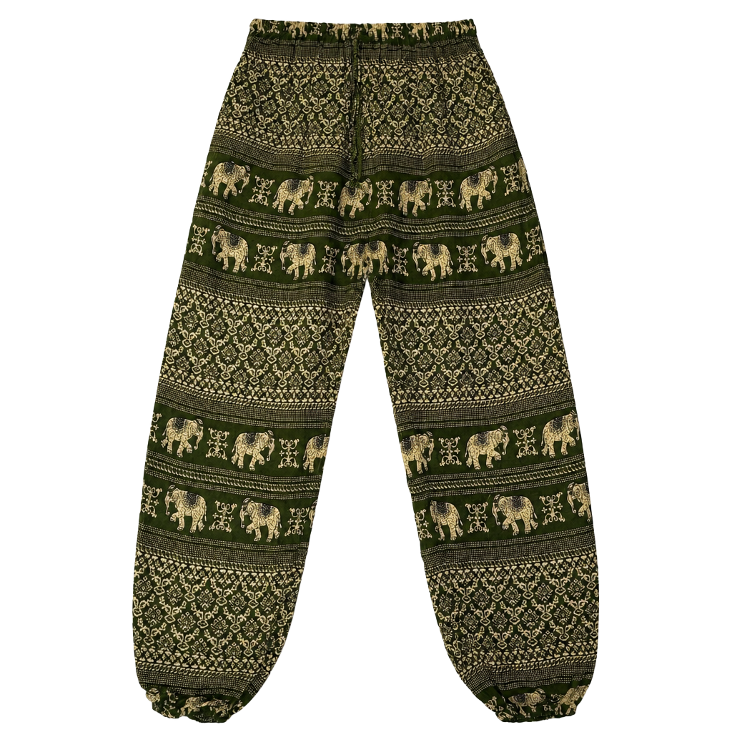 The Elephant Temple Boho Elephant Print Green Harem Pants 1