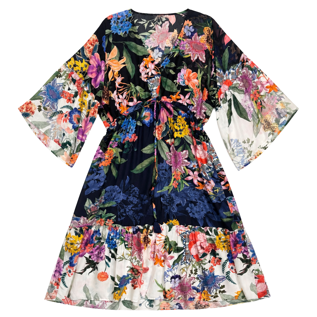 Johnny Was Floral Print Silk Tiered Midi Dress with Bell Sleeves 1