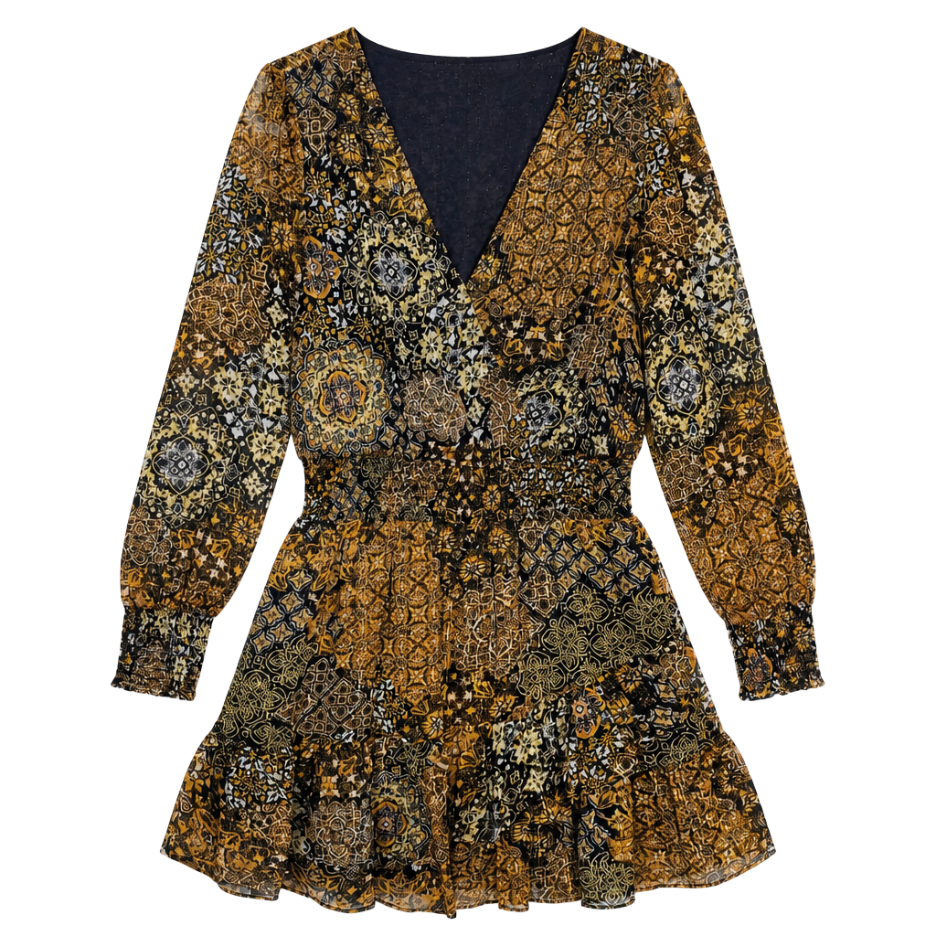 Michael Kors Black Gold Floral Metallic Chiffon Mini Dress V-Neck Long M 1