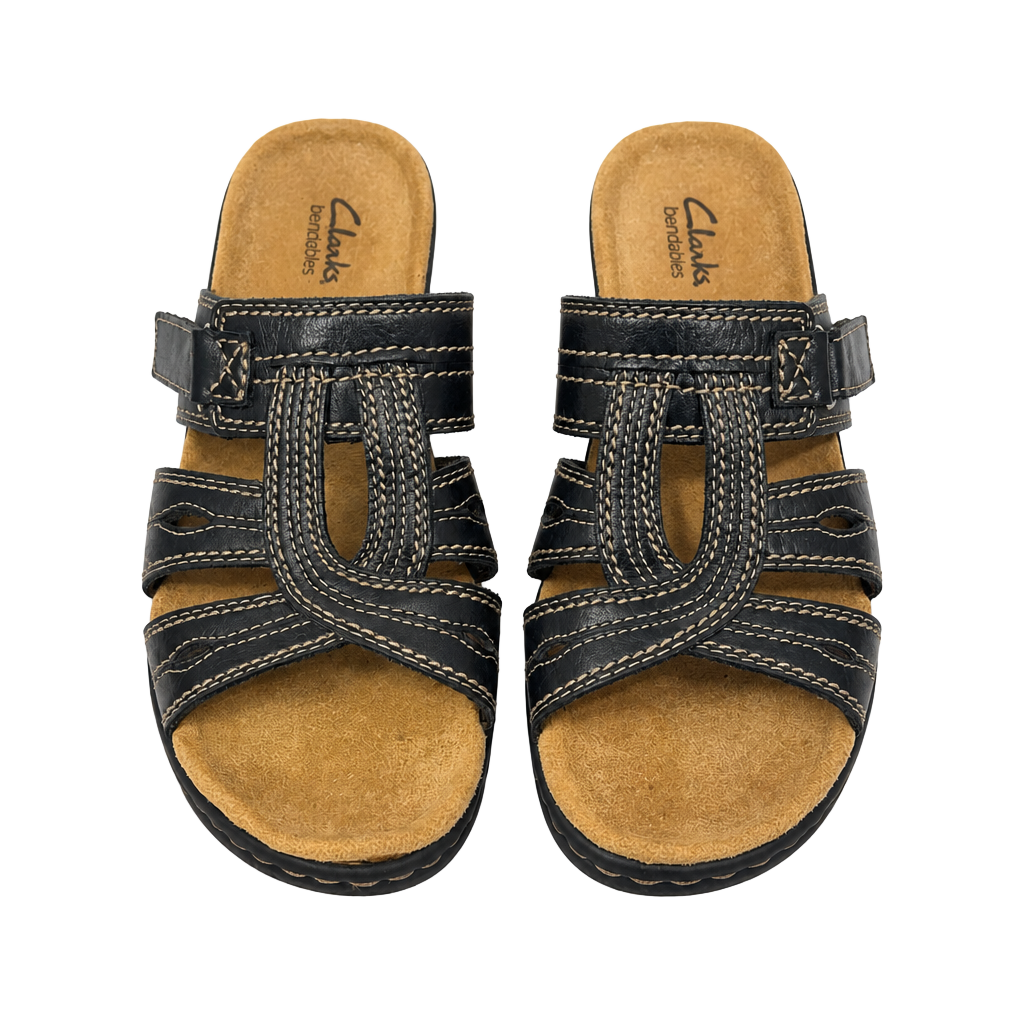 Clarks Bendables Black Leather Wedge Comfort Sandals Size 9 1