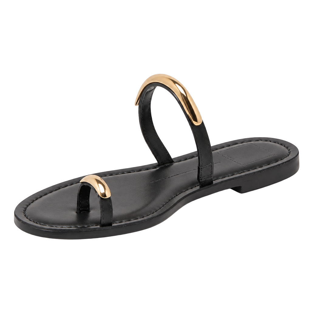 Dolce Vita Black Leather Gold Accent Toe-Ring Slide Sandals 1