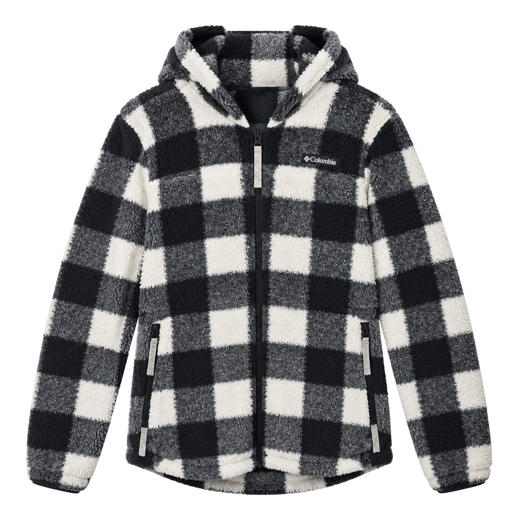 Columbia Sherpa Fleece Jacket Black Cream Buffalo Plaid Full Zip size M 1